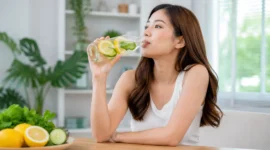 Ilustrasi seorang wanita sedang menikmati infused water. (Foto: AI Generate)