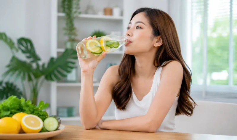 Ilustrasi seorang wanita sedang menikmati infused water. (Foto: AI Generate)