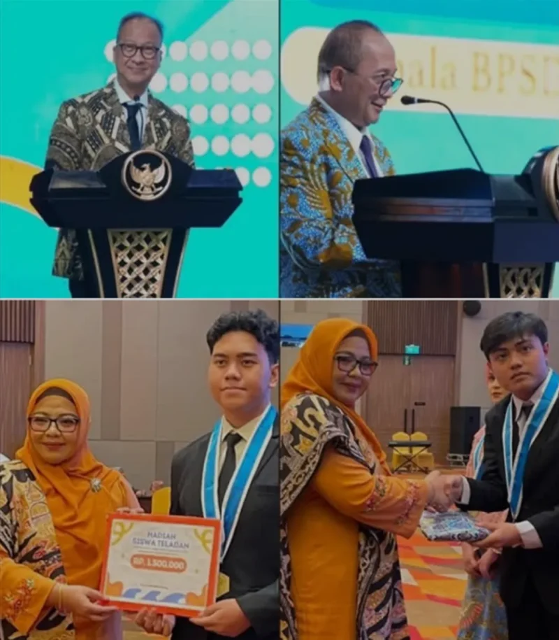 Menperin RI, Agus Gumiwang Kartasasmita (kiri atas), Kepala BPSDMI Kemenperin, Doddy Rahadi (kanan atas) dan Kepala SMK SMAK Padang Silvania Lorina (bawah) saat Pelantikan dan Pelepasan Lulusan Angkatan 58 di ZHM Premiere Hotel Padang, Kamis (16/7/2026). (Foto: Ist)