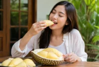 Ilustrasi seorang wanita sedang menikmati durian. (Foto: AI Generate)