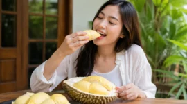 Ilustrasi seorang wanita sedang menikmati durian. (Foto: AI Generate)