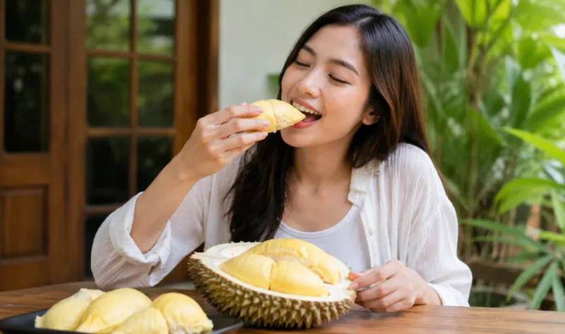 Ilustrasi seorang wanita sedang menikmati durian. (Foto: AI Generate)