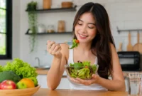 Ilustrasi makan salad. (Foto: AI Generate)