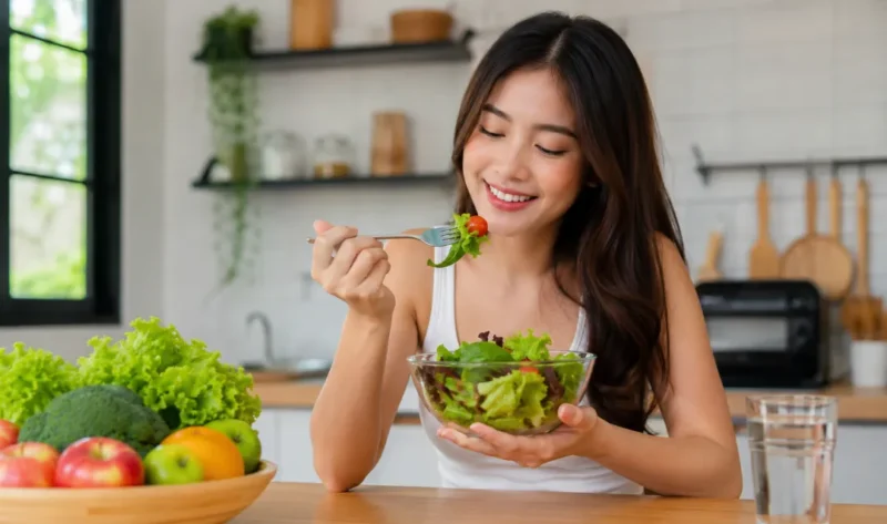 Ilustrasi makan salad. (Foto: AI Generate)