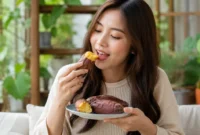 Ilustrasi seorang wanita sedang menikmati ubi jalar. (Foto: AI Generate)