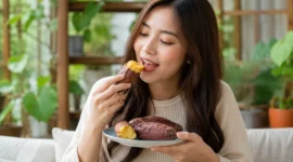Ilustrasi seorang wanita sedang menikmati ubi jalar. (Foto: AI Generate)