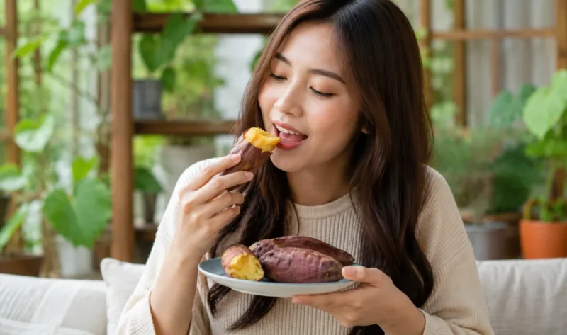 Ilustrasi seorang wanita sedang menikmati ubi jalar. (Foto: AI Generate)
