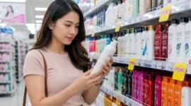 Ilustrasi seorang wanita memilih sampo di pusat perbelanjaan. (Foto: AI Generate)