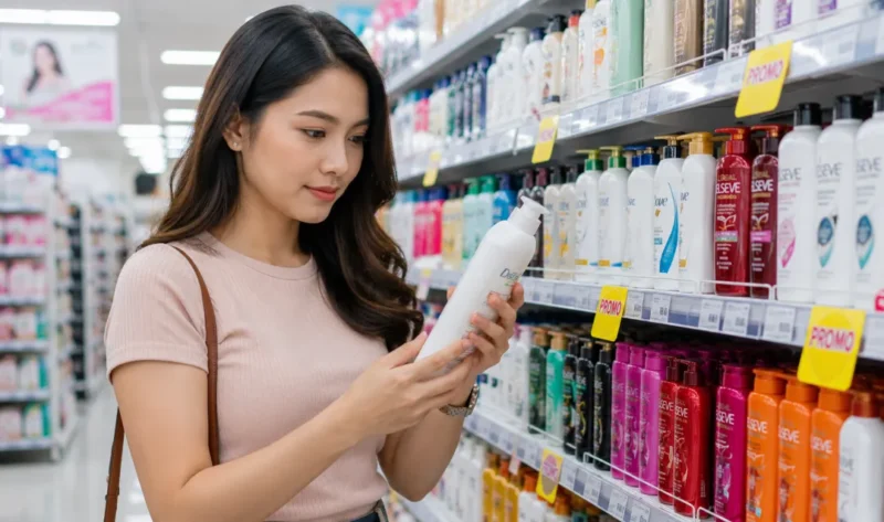 Ilustrasi seorang wanita memilih sampo di pusat perbelanjaan. (Foto: AI Generate)