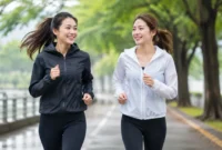 Ilustrasi dua orang wanita menggunakan jaket saat berolahraga. (Foto: AI Generate)
