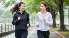 Ilustrasi dua orang wanita menggunakan jaket saat berolahraga. (Foto: AI Generate)