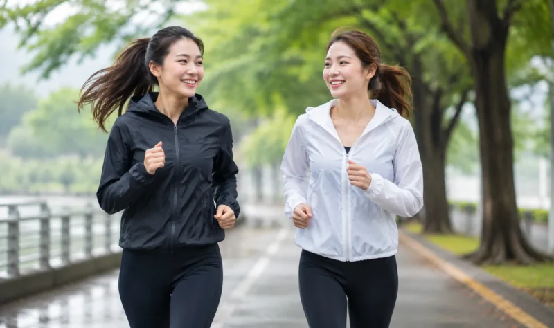 Ilustrasi dua orang wanita menggunakan jaket saat berolahraga. (Foto: AI Generate)