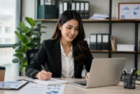 Ilustrasi seorang karyawan sedang bekerja di kantor. (Foto: AI Generate)
