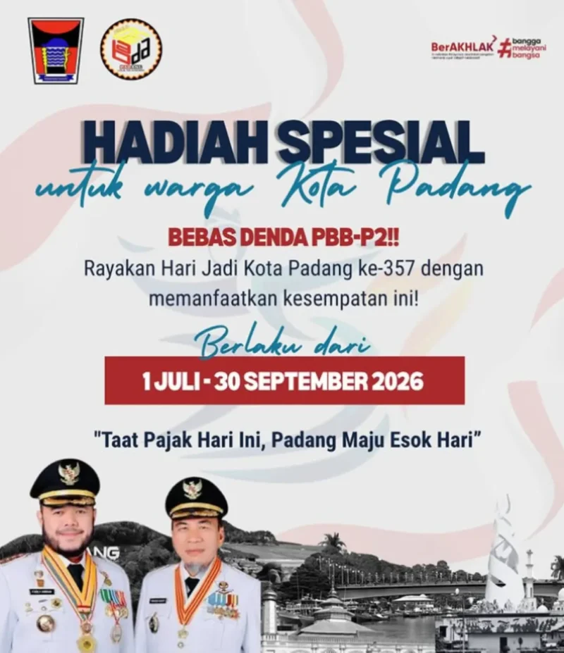 Pemko Padang memberikan dispensasi penghapusan denda PBB-P2 mulai 1 Juli hingga 30 September 2026.
