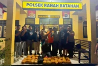 Tim gabungan Ditresnarkoba Polda Sumbar dan Polres Pasbar mengamankan pelaku dan barang bukti 30 paket ganja kering siap edar di Mapolsek Ranah Batahan. (Foto: Dok. Polda Sumbar)
