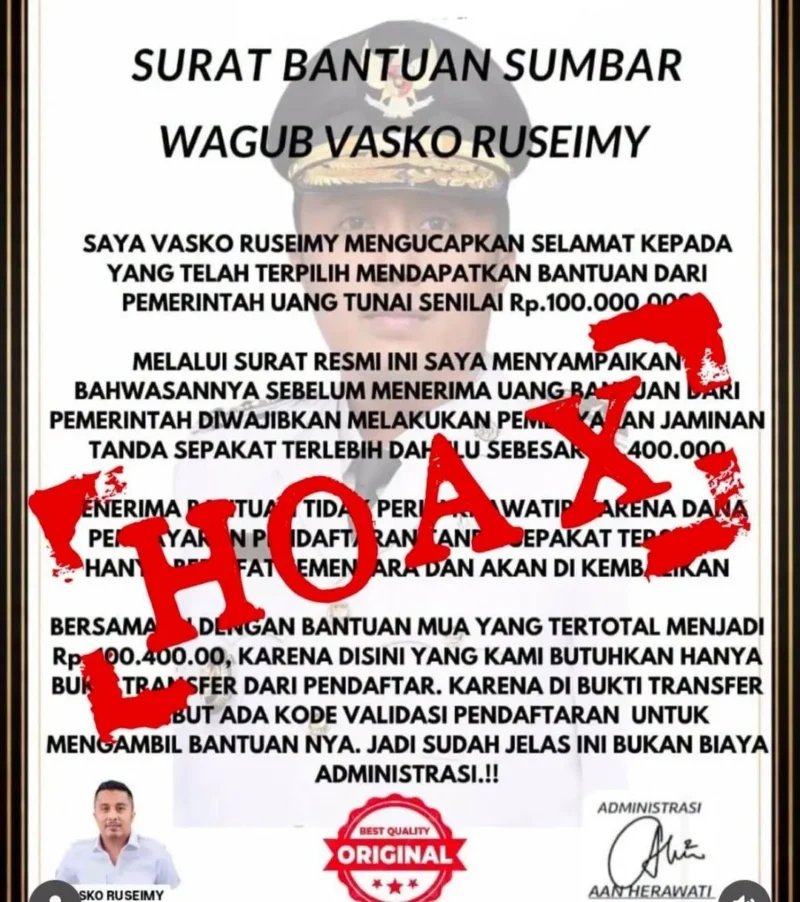 Hati-hati penipuan AI catut identitas WagubVasko Ruseimy. (Foto: ADPSB)