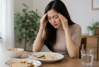 Ilustrasi Wanita mengalami sakit kepala setelah makan. (Foto: AI Generate)