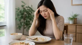 Ilustrasi Wanita mengalami sakit kepala setelah makan. (Foto: AI Generate)