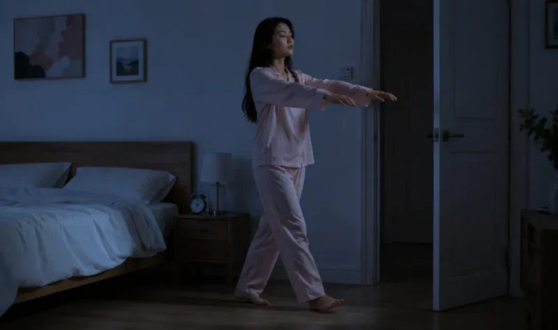 Ilustrasi sleepwalking atau tidur berjalan. (Foto: AI Generate)
