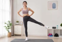 Ilustrasi seorang wanita melakukan latihan standing side leg raise. (Foto: AI Generate)