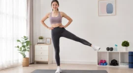 Ilustrasi seorang wanita melakukan latihan standing side leg raise. (Foto: AI Generate)