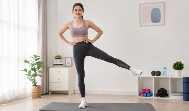 Ilustrasi seorang wanita melakukan latihan standing side leg raise. (Foto: AI Generate)