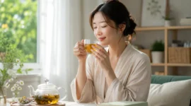 Ilustrasi wanita meminum teh herbal. (Foto: AI Generate)