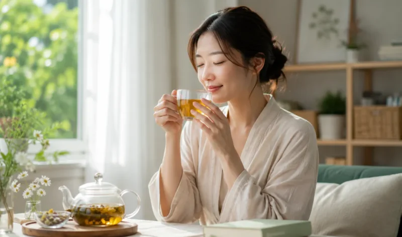 Ilustrasi wanita meminum teh herbal. (Foto: AI Generate)