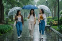 Ilustrasi tiga wanita berjalan saat cuaca hujan. (Foto: AI Generate)