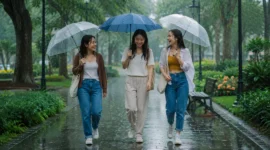 Ilustrasi tiga wanita berjalan saat cuaca hujan. (Foto: AI Generate)