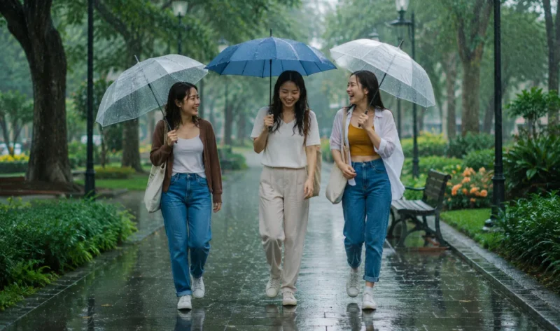 Ilustrasi tiga wanita berjalan saat cuaca hujan. (Foto: AI Generate)