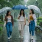 Ilustrasi tiga wanita berjalan saat cuaca hujan. (Foto: AI Generate)