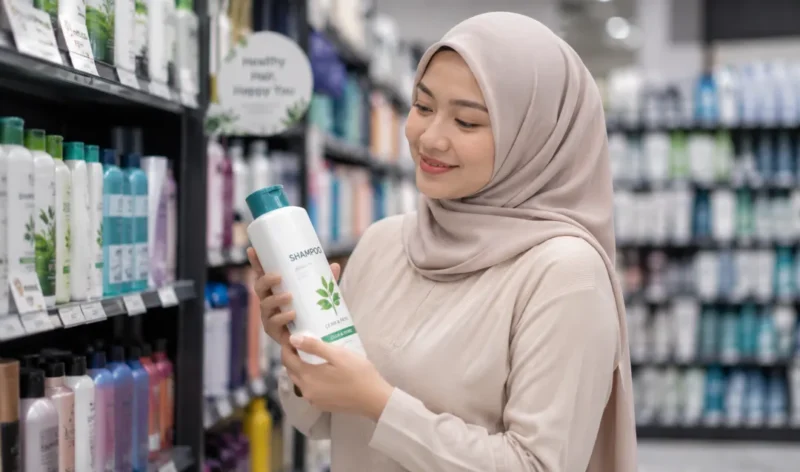 Ilustrasi Wanita memilih sampo untuk perawatan rambut. (Foto: AI Generate)