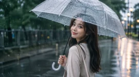 Ilustrasi seorang wanita menggunakan payung saat berjalan di tengah hujan. (Foto: AI Generate)
