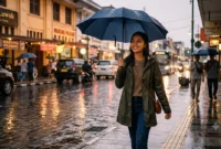 Ilustrasi seorang wanita menggunakan payung saat hujan. (Foto: AI Generate)