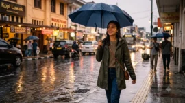 Ilustrasi seorang wanita menggunakan payung saat hujan. (Foto: AI Generate)