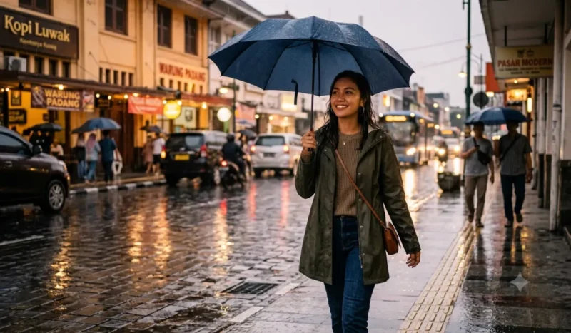 Ilustrasi seorang wanita menggunakan payung saat hujan. (Foto: AI Generate)