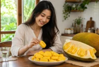Ilustrasi wanita menikmati buah nangka. (Foto: AI Generate)