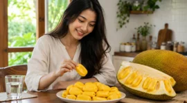Ilustrasi wanita menikmati buah nangka. (Foto: AI Generate)