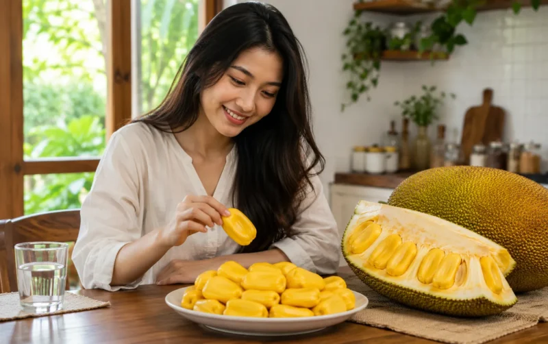 Ilustrasi wanita menikmati buah nangka. (Foto: AI Generate)