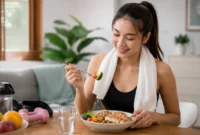 Ilustrasi wanita mengonsumsi makanan setelah berolahraga. (Foto: AI Generate)