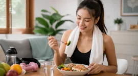 Ilustrasi wanita mengonsumsi makanan setelah berolahraga. (Foto: AI Generate)