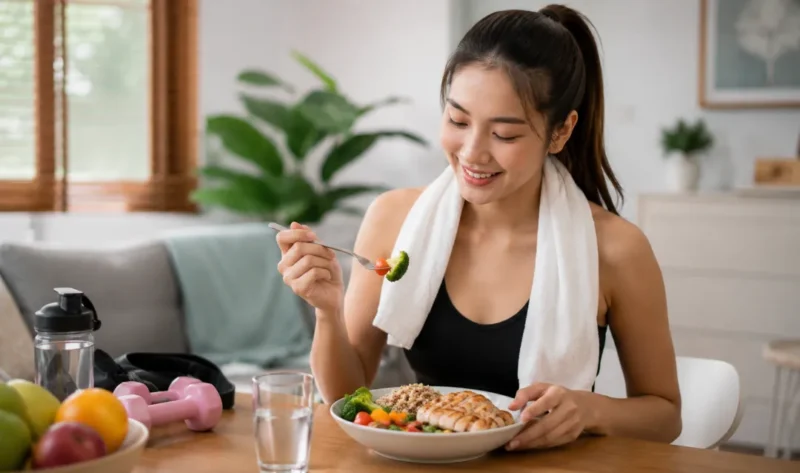 Ilustrasi wanita mengonsumsi makanan setelah berolahraga. (Foto: AI Generate)