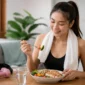 Ilustrasi wanita mengonsumsi makanan setelah berolahraga. (Foto: AI Generate)