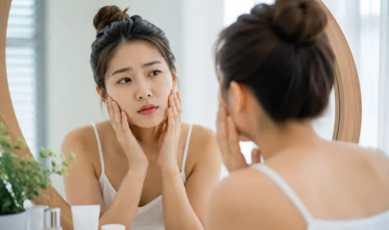 Ilustrasi wanita melihat kerutan di wajah. (Foto: AI Generate)