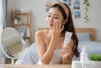 Ilustrasi wanita mengoleskan sunscreen pada wajah. (Foto: AI Generate)
