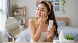 Ilustrasi wanita mengoleskan sunscreen pada wajah. (Foto: AI Generate)