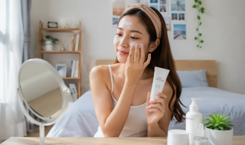 Ilustrasi wanita mengoleskan sunscreen pada wajah. (Foto: AI Generate)