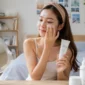 Ilustrasi wanita mengoleskan sunscreen pada wajah. (Foto: AI Generate)