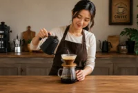Ilustrasi Wanita membuat minuman kopi. (Foto: AI Generate)